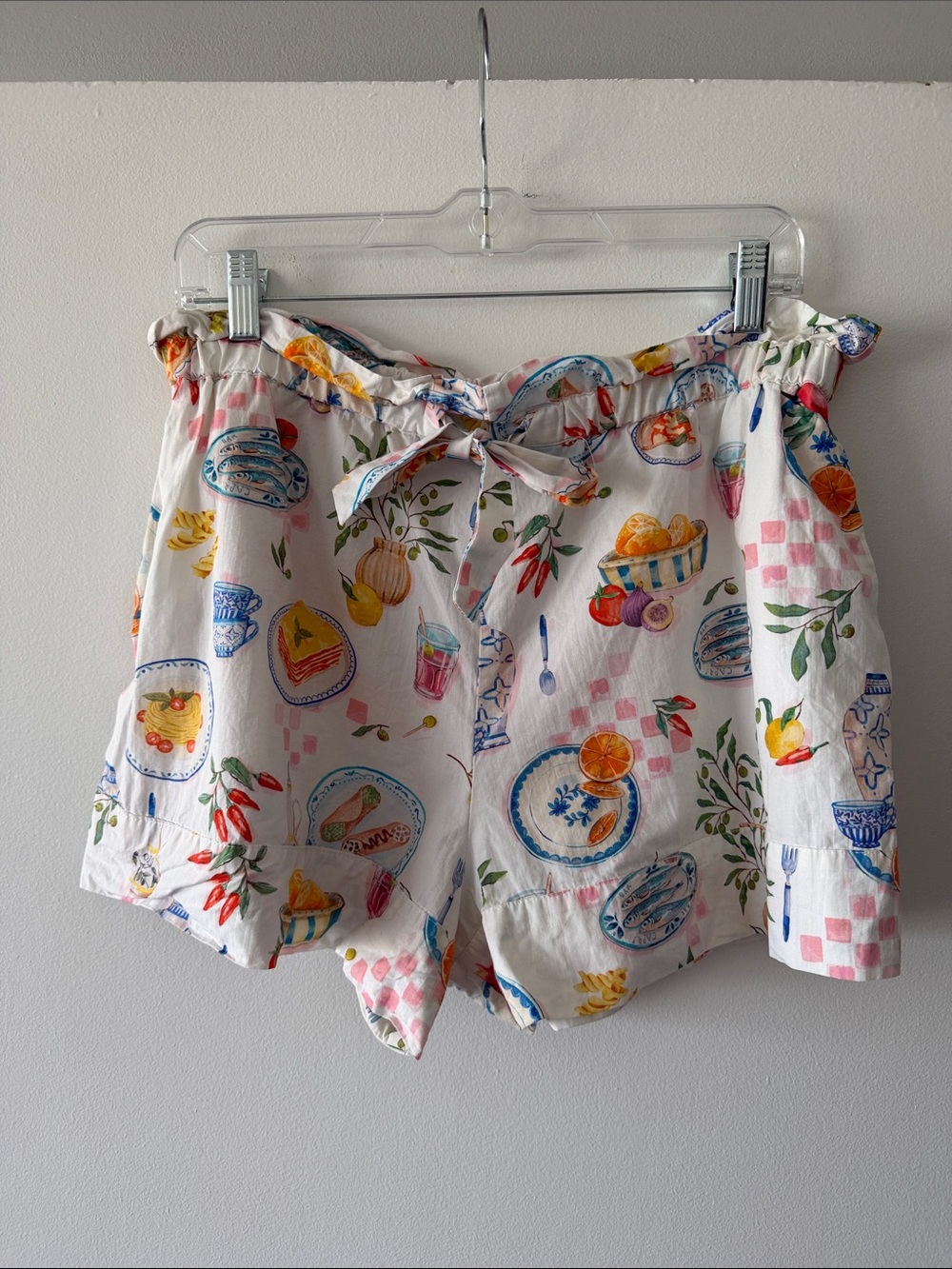ZARA Food Print Cotton Paperbag Shorts Mediterranean Italian Novelty Large L